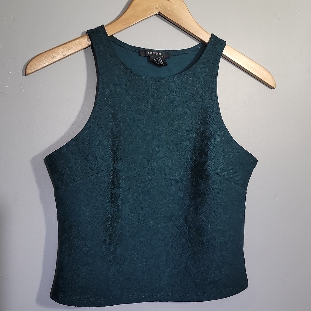 FOREVER 21 Lace Cropped Sleeveless Emerald Green Top